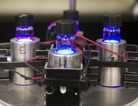 Photoredox setup showing illumination of reaction vials